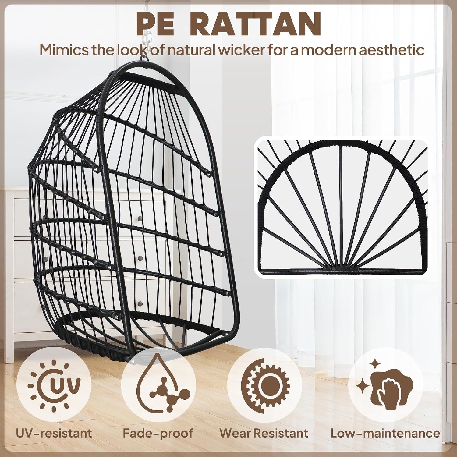 Chihee Egg Chair Foldable Wicker Rattan Hanging Swing Chairs Indoor Outdoor Patio Wicker Chair Hammock Chair with Stainless Steel Hanging Kit Chain Link UV Resistant Cushion Bedroom Balcony