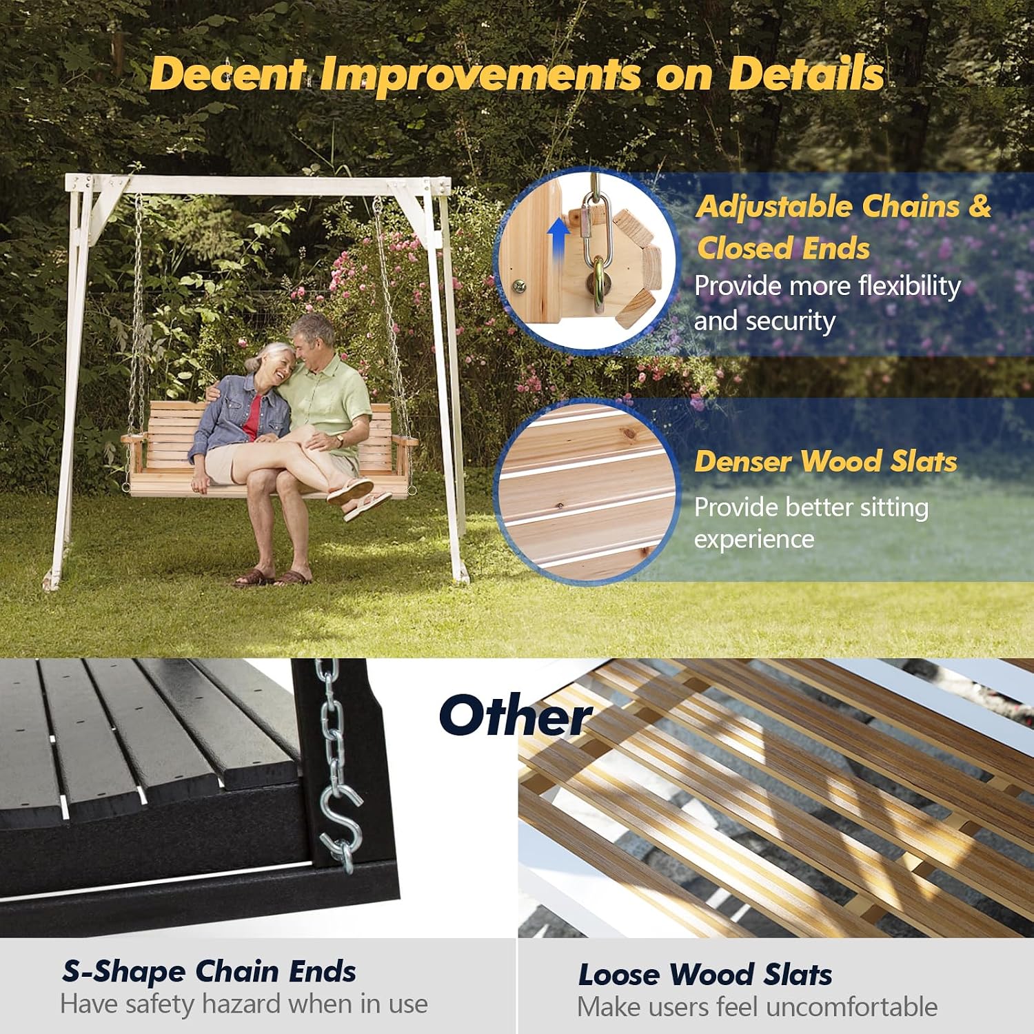 VINGLI Upgraded Patio Wooden Porch Swing for Courtyard & Garden, Heavy Duty 880 LBS Swing Chair Bench with Hanging Chains for Outdoors (Natural, 5 FT)