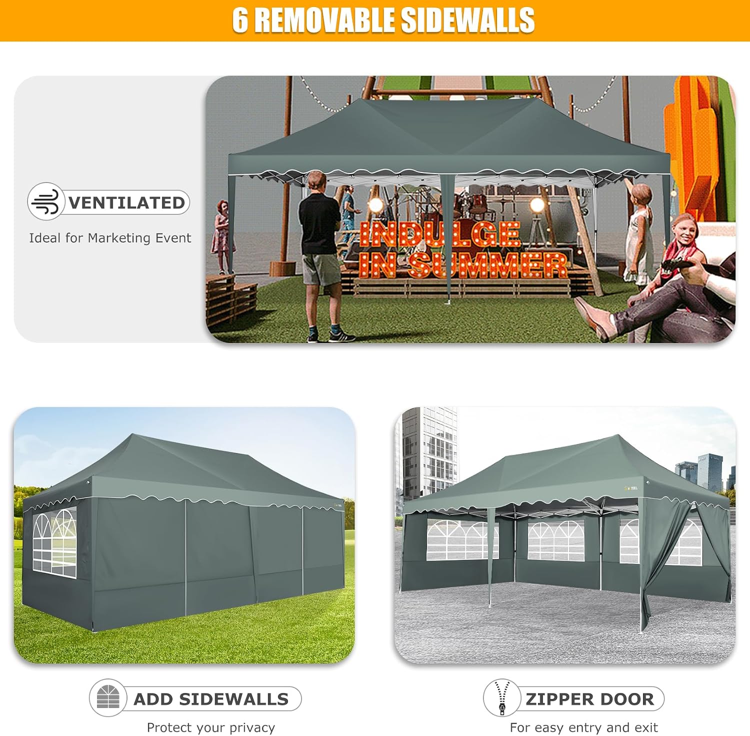 HOTEEL 10x20 Pop Up Canopy Tent with 6 Sidewalls, Waterproof UV50+ Outdoor Shelter for Parties and Events, Easy Setup with Wheeled Bag & 4 Weight Bags, Gray