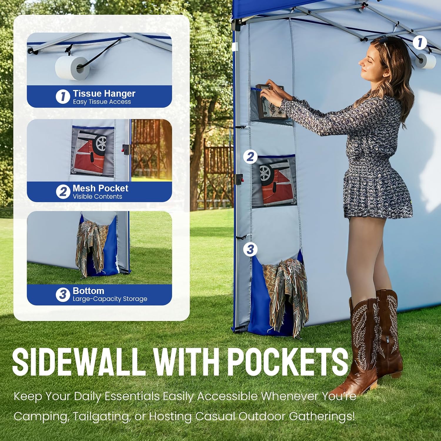 CROWN SHADES Canopy Tent, 10 x 10 Foot Portable Pop Up Outdoor Shelter with Pocket Sidewall, Push Center Lock, UV Protection, and Carry Bag, Navy Blue