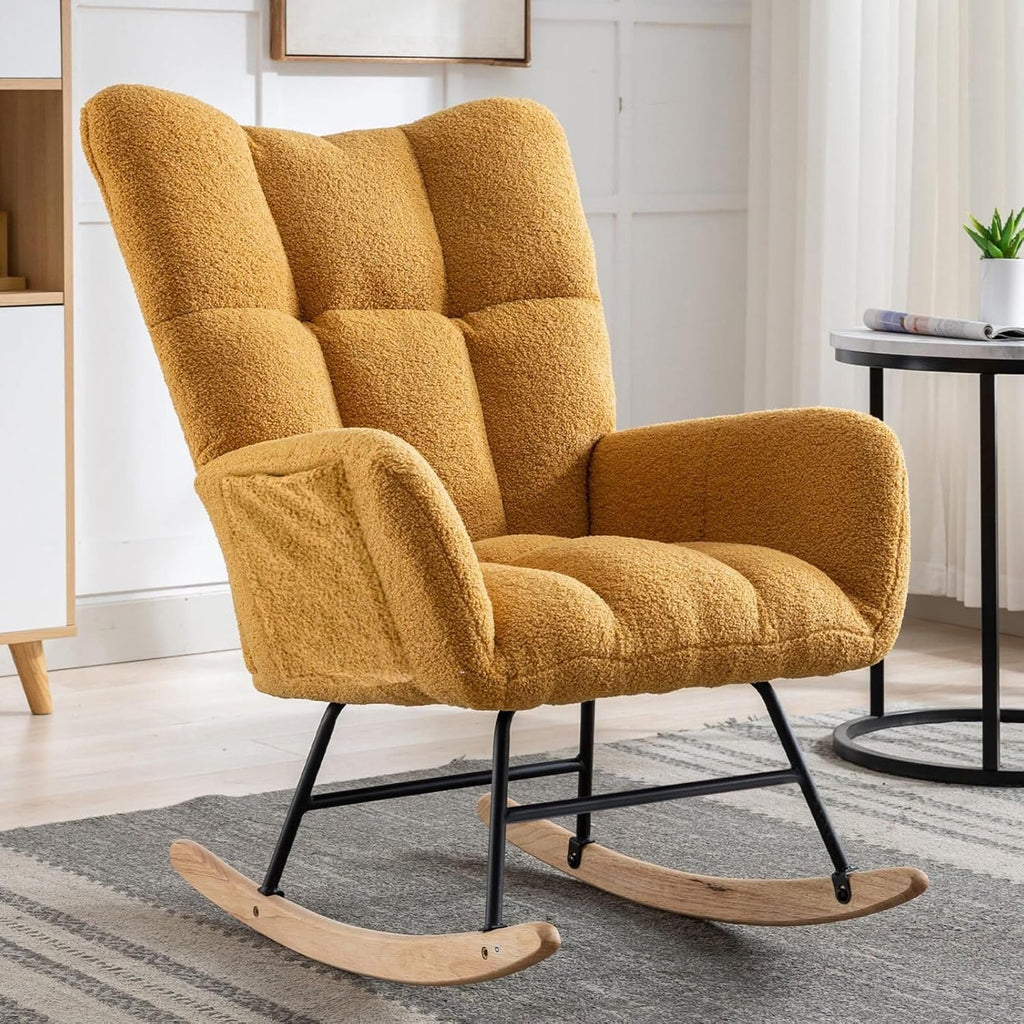 Nursery Rocking Chair Teddy Upholstered Glider Rocker Rocking Accent Chair with High Backrest Armchair Comfy Side Chair for Living Room, Bedroom, Offices (Turmeric)