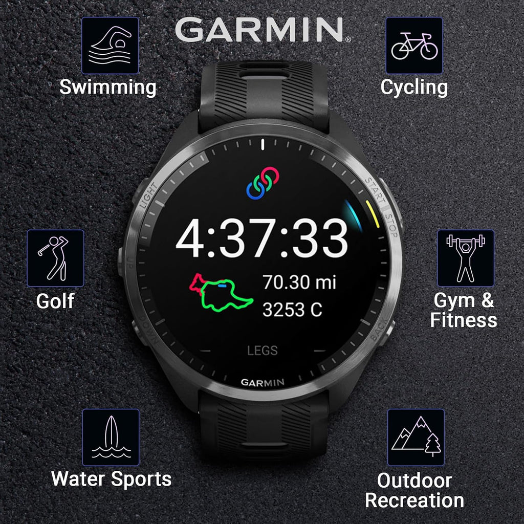 Garmin Forerunner 965 Premium GPS Running and Triathlon 47mm Smartwatch with AMOLED Touchscreen Display, Carbon Gray DLC Titanium Bezel with Black Silicone Band with Black Earbuds.