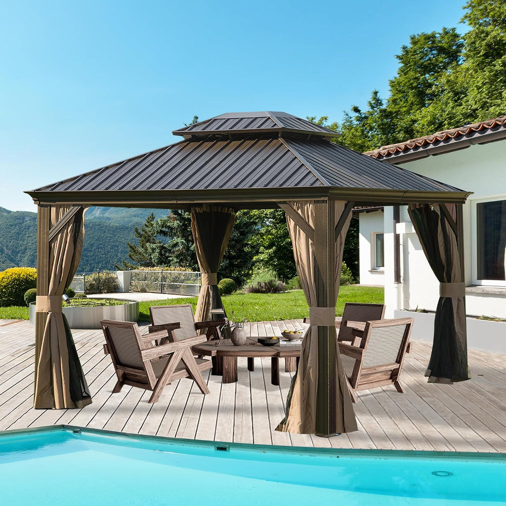 Domi 10'x12' Hardtop Gazebo with Gutters, Outdoor Metal Gazebo for Patios with Galvanized Steel Double Roof, Heavy Duty Curtains and Netting Included, Pergola for Backyard, Garden Lawn, Deck, Brown