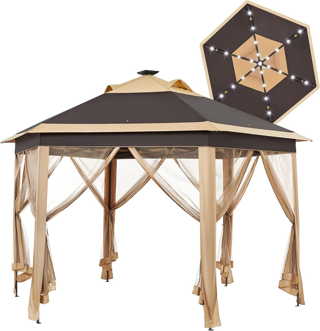 Topeakmart Instant Pop-up Gazebo 13 x 13 Canopy Tent Shelter with 25 Solar LED Lights, Mesh Netting Sides, Storage Bag, Bonus Weight Sandbags, Stakes, Ropes, Khaki & Brown