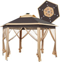 Topeakmart Instant Pop-up Gazebo 13 x 13 Canopy Tent Shelter with 25 Solar LED Lights, Mesh Netting Sides, Storage Bag, Bonus Weight Sandbags, Stakes, Ropes, Khaki & Brown