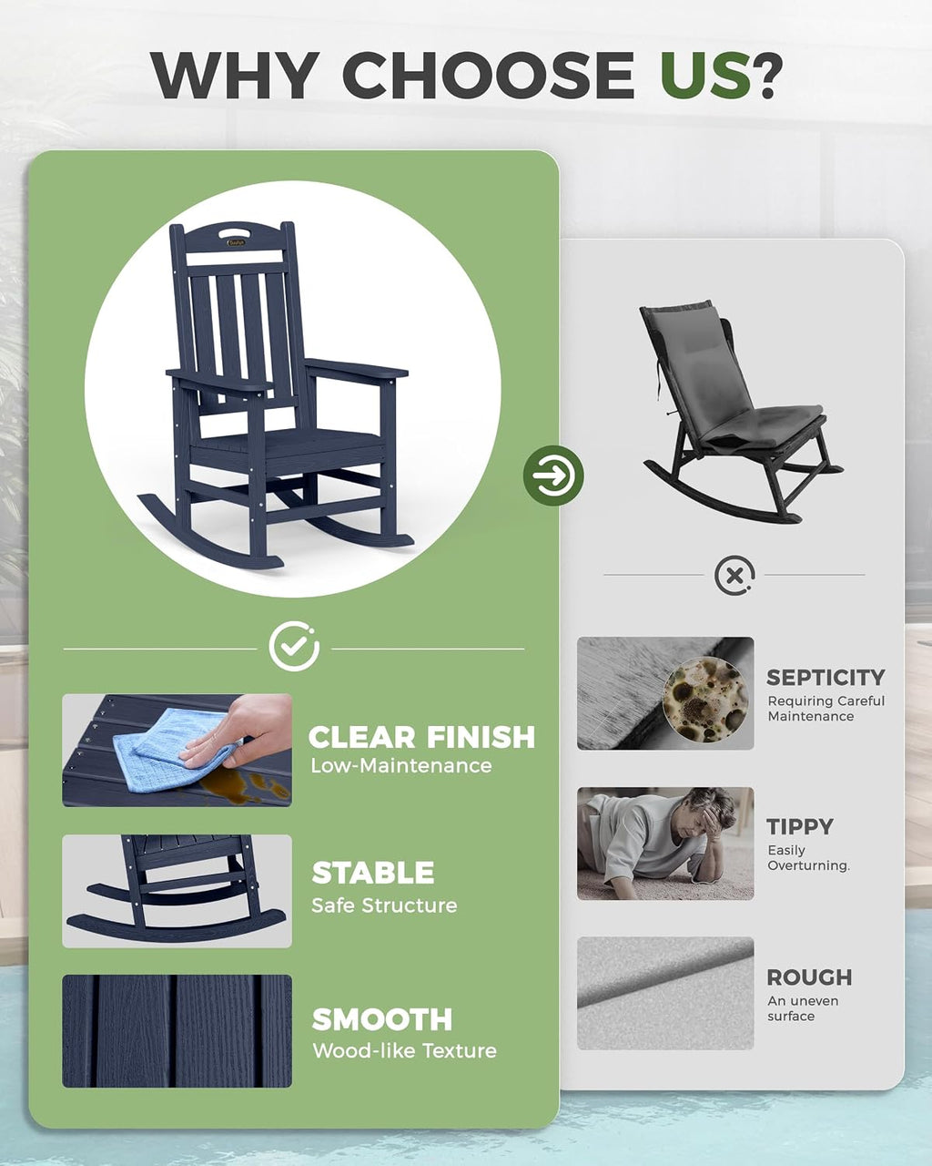 Oversized Outdoor Rocking Chair, High Back Porch Rocker Chair, HDPE All Weather Resistant Rocking Chairs for Patio, 380lbs Weight Capacity, Dark NavyBlue