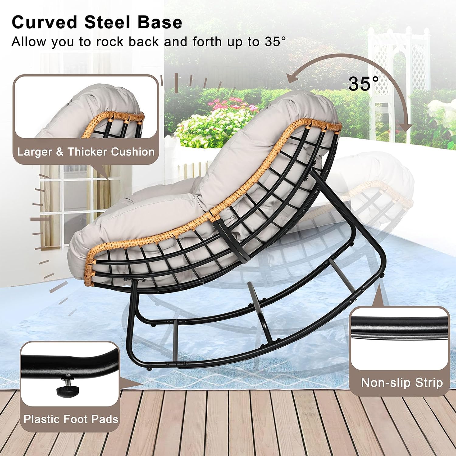 Outdoor Egg Rocking Chair, Indoor Papasan Rocking Chair with Thick Cushion, Modern Lounge Rocker for Balcony, Living Room, Bedroom, Porch, Lawn, Garden (Light Gray)