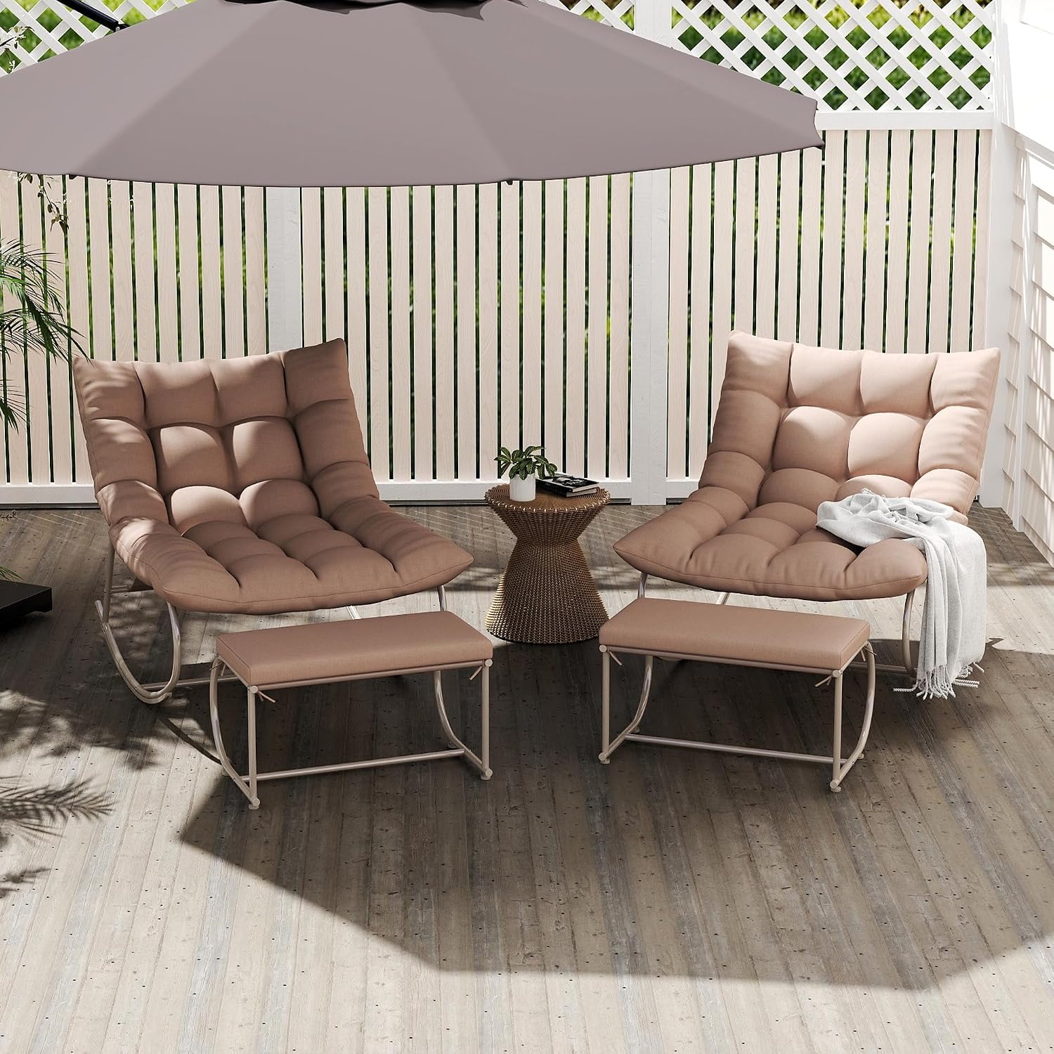 Outdoor Rocking Chairs Set of 2, Modern Papasan Rocking Chairs with Cushions, Upholstered Patio Rocking Chairs with Foot Rest, Cozy Metal Outdoor Lounge Rockers Recliner for Indoor, Khaki