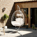 Egg Chair with Stand, Wicker Hanging Chair for Outdoor Patio, Cushioned Hammock Swing for Bedroom Garden Indoor/Outdoor, Double-Zipper Structure Hanging Egg Chair (White and White)