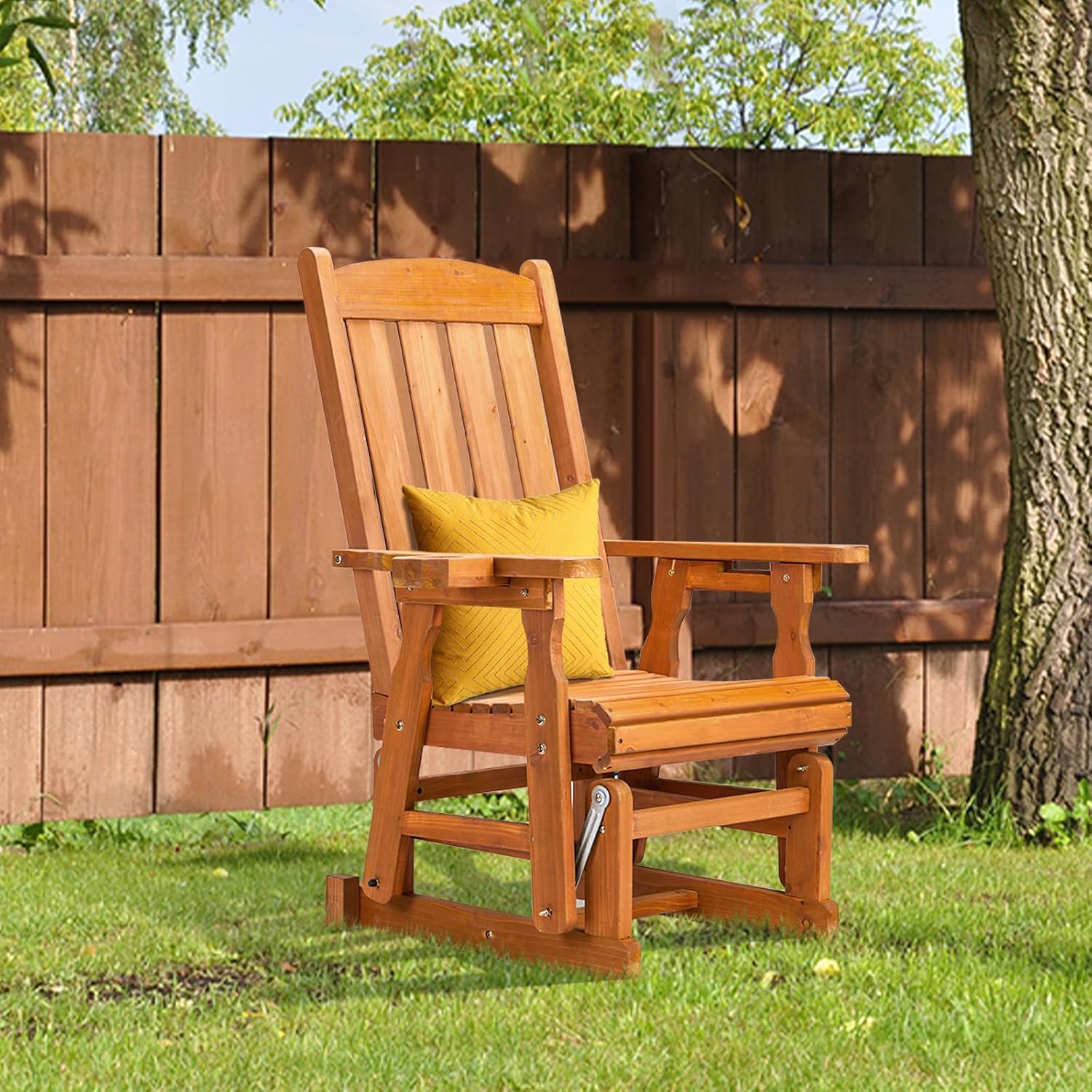 VINGLI Outdoor Glider Chair Wood Patio Glider with Cup Holder, Porch Glider with Smooth Rocking Mechanism, Heavy Duty 600 LBS