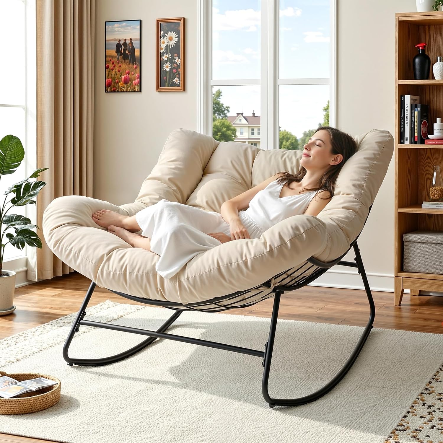 Papasan Rocking Chair Indoor, Oversized Rocking Chair with Thickened Cushion, 450 lbs Large Comfy Egg Chair Indoor,Cozy Lounge Reading Glider Chair for Bedroom, Beige