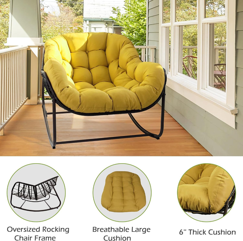 Papasan Rocking Chair, Oversized Papasan Chair with Cushion and Frame for Indoor& Outdoor,Egg-Shaped Patio Rocking Chair for Garden, Deck, Living Room, Yellow