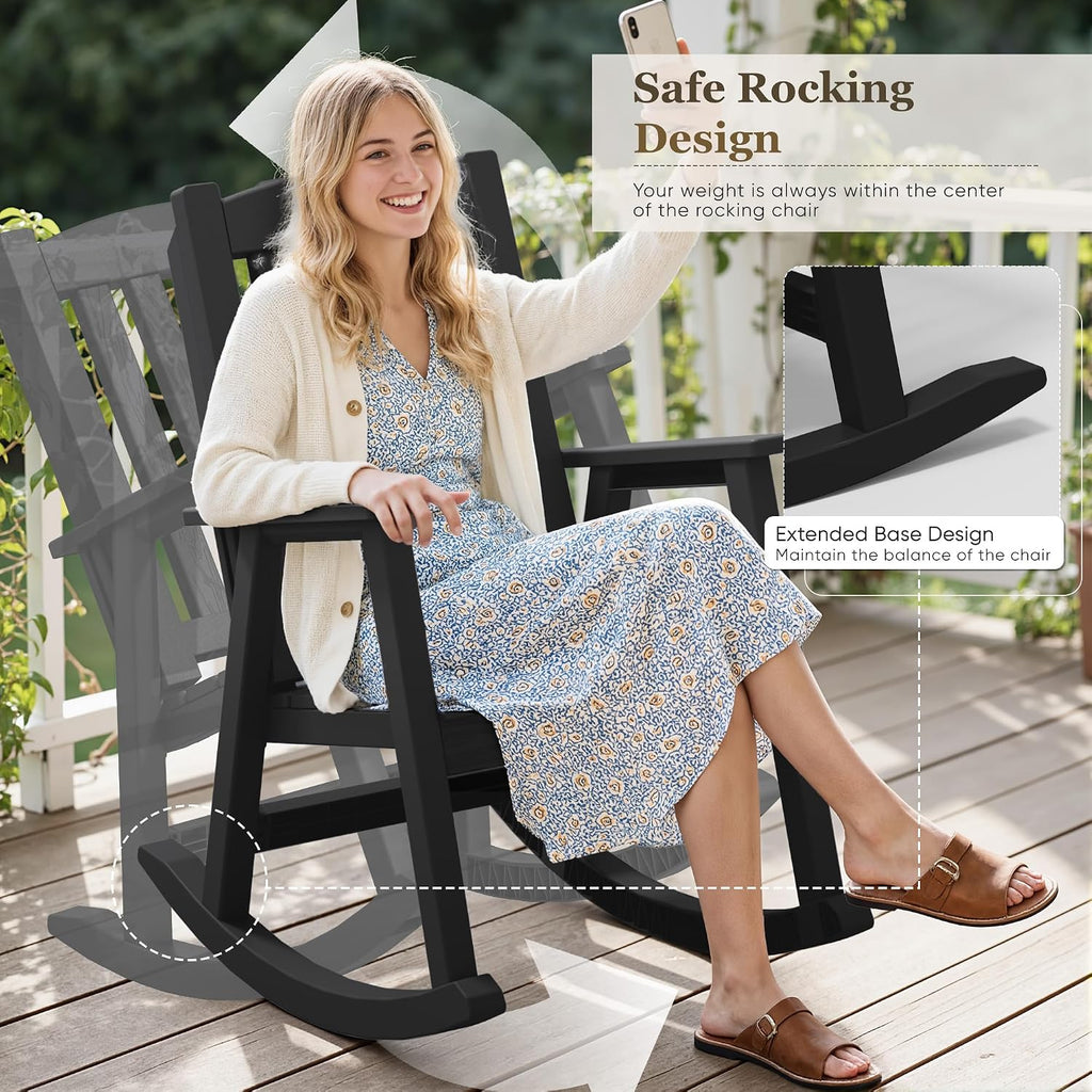 Greesum Set of 2 Outdoor Rocking Chair, 300lbs All-Weather Patio Rocker, Rust-Proof & UV-Resistant, Comfortable Smooth Glide for Deck, Porch, Lawn, or Garden, Black