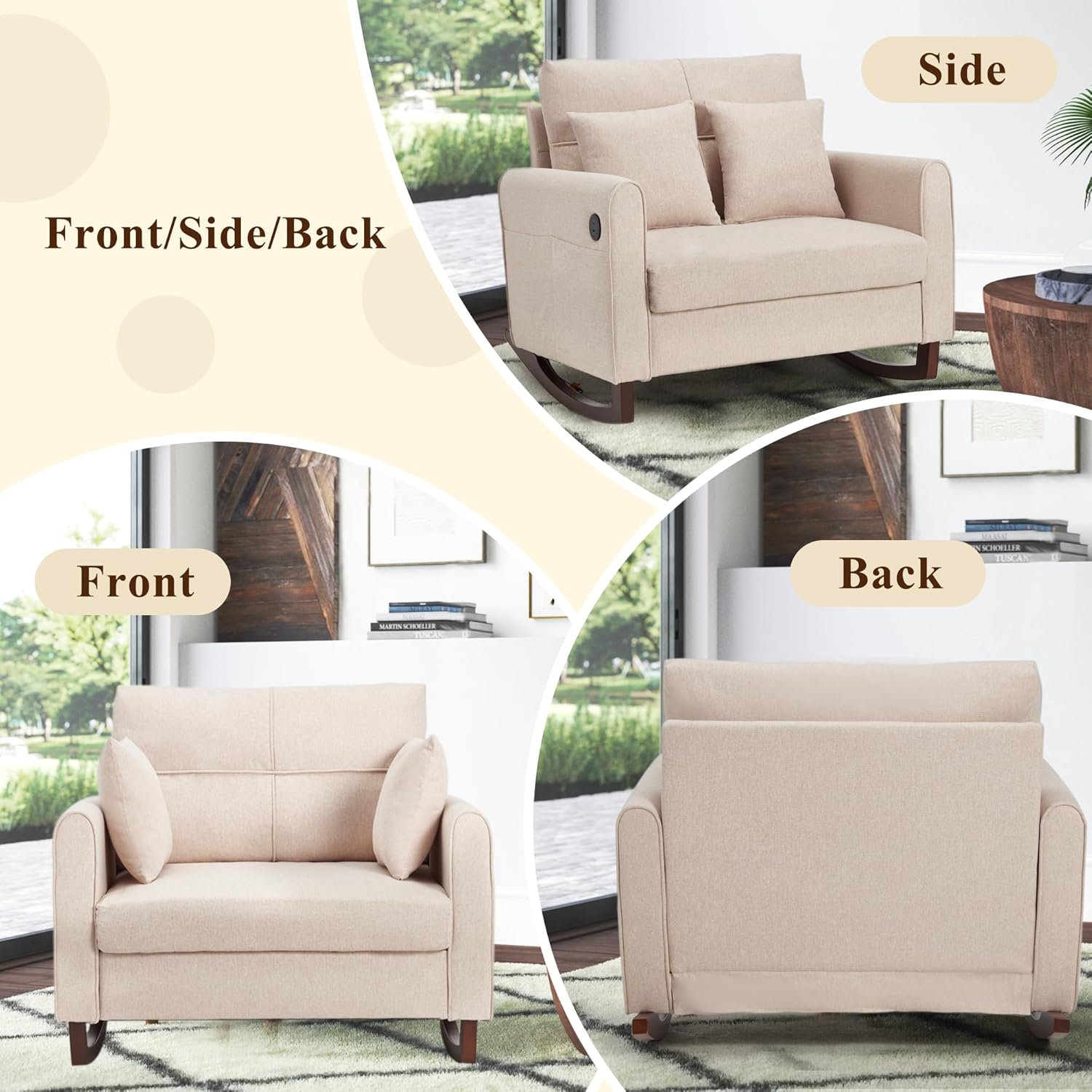 HOMREST Rocking Chair, Upholstered Nursery Rocking Chair with High Back and Side Pocket USB Port, Double Wide Rocker Glider Chairs with Wood Legs for Living Room, Bedroom, Nursery, Beige