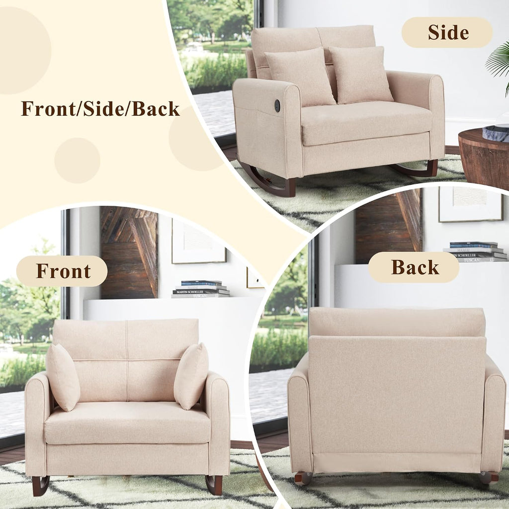 HOMREST Upholstered Oversize Rocking Chair, Nursery Rocking Chair with High Back and Side Pocket USB Port, Double Wide Rocker Armchair with Rubber Wood Legs for Living Room, Bedroom, Nursery, Beige