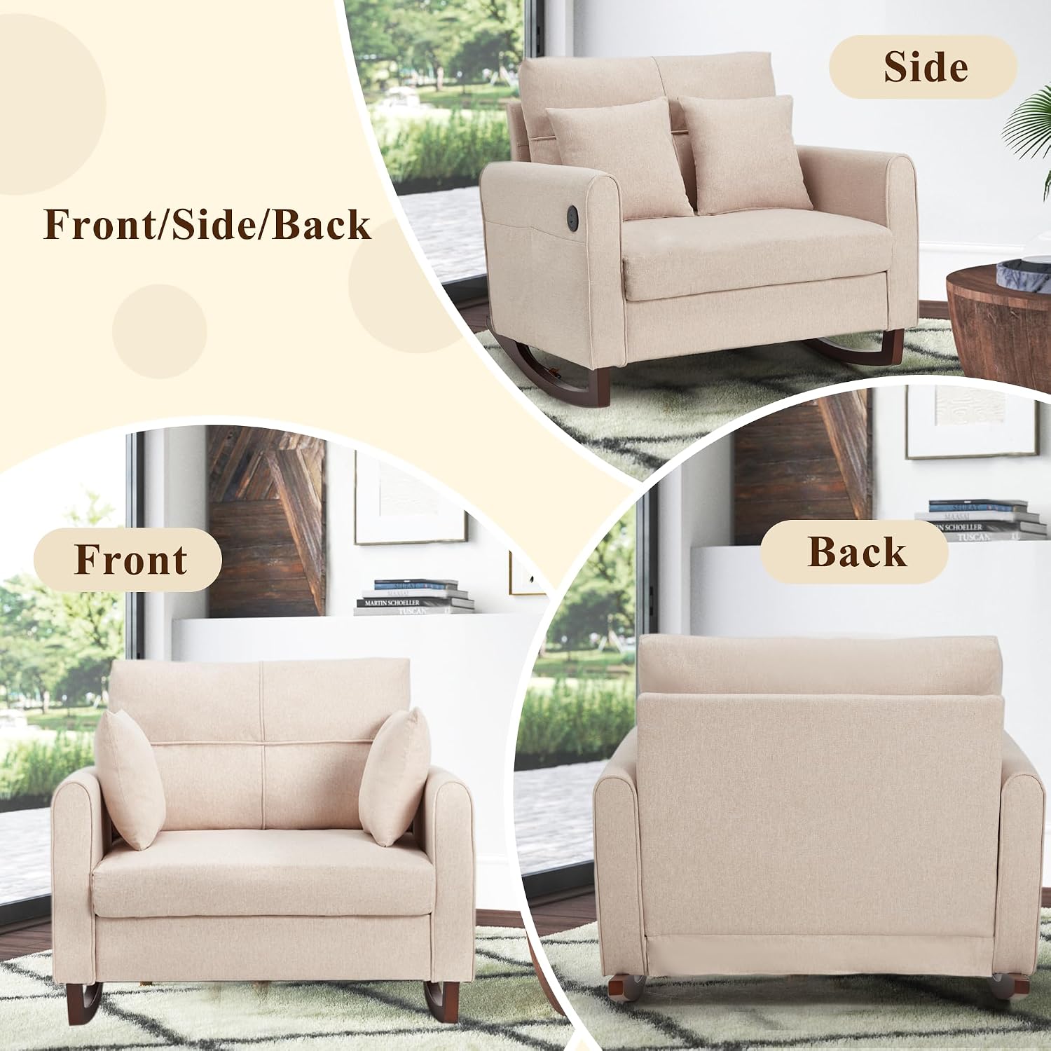 HOMREST Upholstered Oversize Rocking Chair, Nursery Rocking Chair with High Back and Side Pocket USB Port, Double Wide Rocker Armchair with Rubber Wood Legs for Living Room, Bedroom, Nursery, Beige