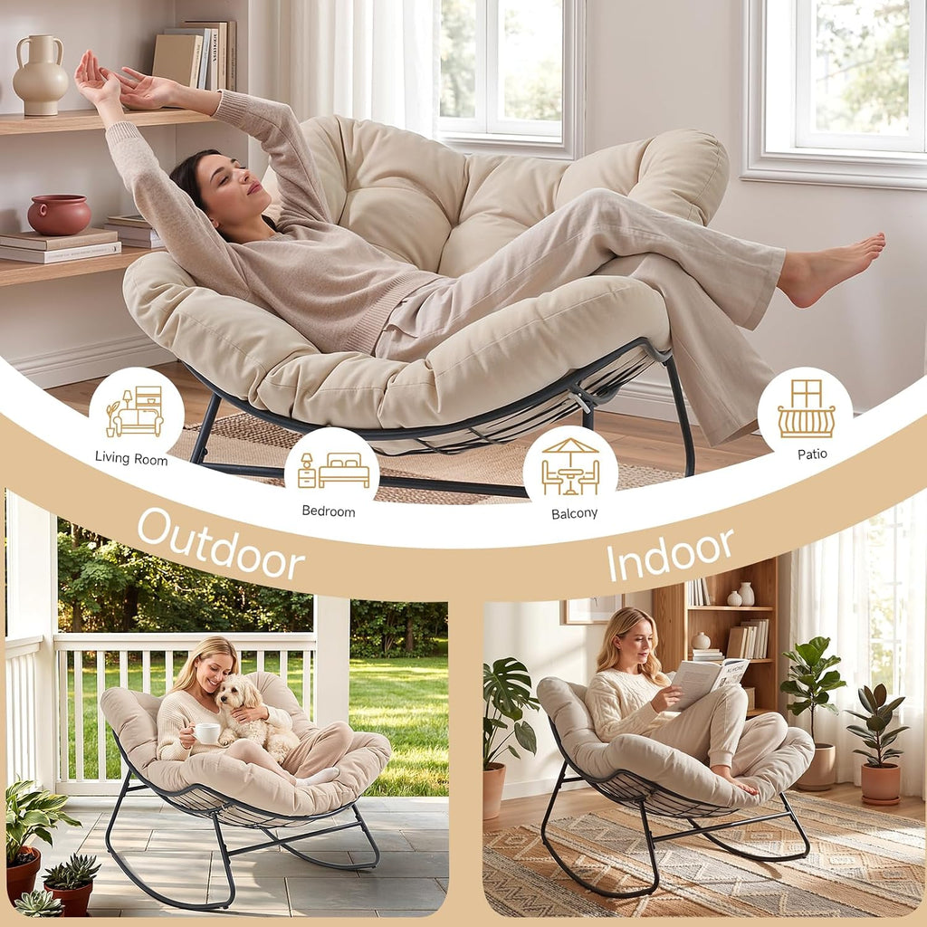 Papasan Rocking Chair Indoor, Oversized Rocking Chair with Thickened Cushion, 450 lbs Large Comfy Egg Chair Indoor,Cozy Lounge Reading Glider Chair for Bedroom, Beige