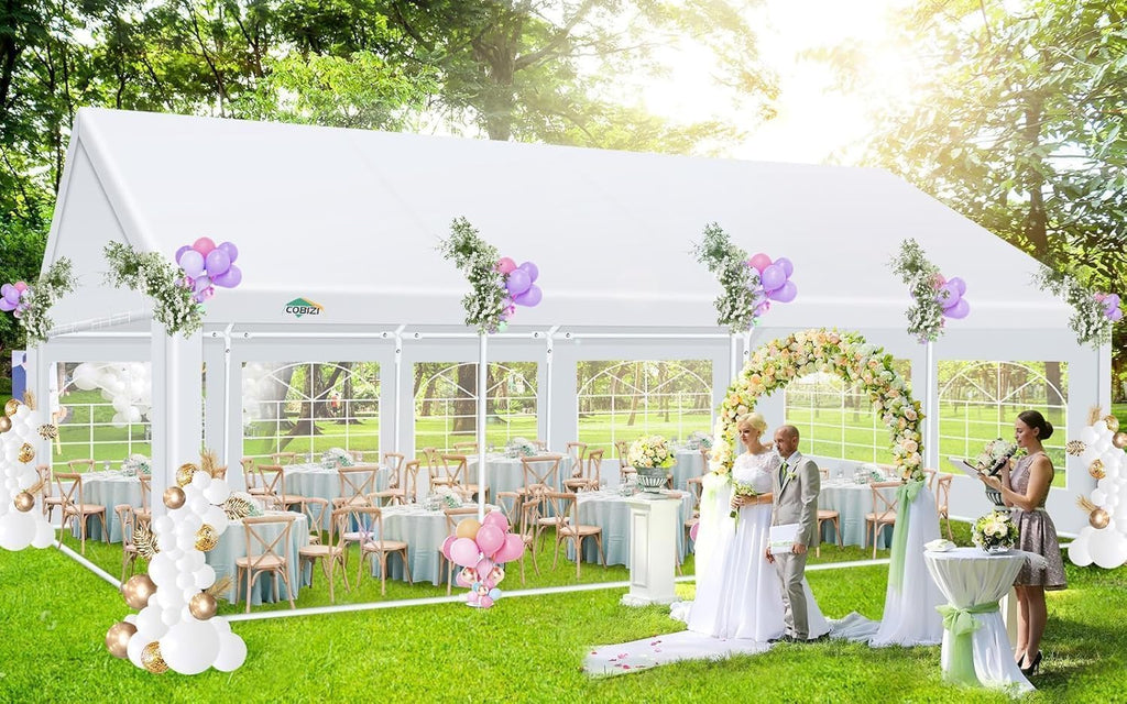COBIZI 20x30 Heavy Duty Party Tent Outdoor Waterproof Canopy with 12 Church Windows & 8 Sidewalls, Built-in Sandbag, White Powder Coating Commercial Event Shelter Tents for Parties Wedding BBQ Patio