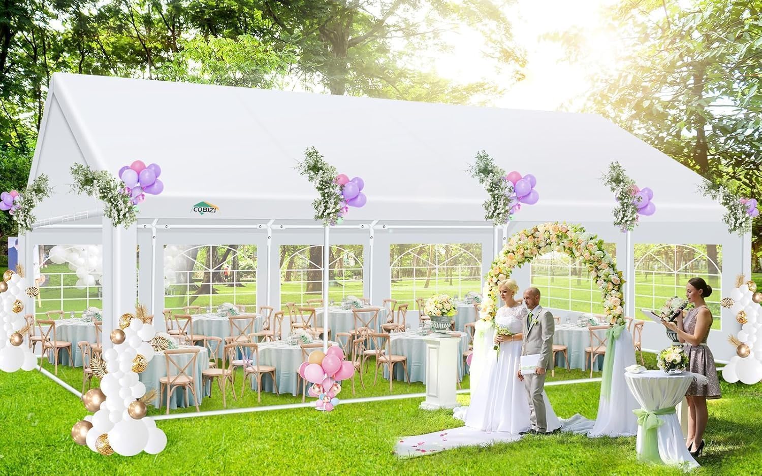 COBIZI 20x30 Heavy Duty Party Tent Outdoor Waterproof Canopy with 12 Church Windows & 8 Sidewalls, Built-in Sandbag, White Powder Coating Commercial Event Shelter Tents for Parties Wedding BBQ Patio