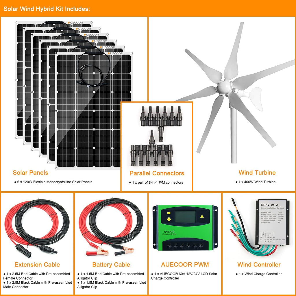 1120 Watts 12Volt Solar Wind Hybrid System Kit: 400W 6-Blade Wind Turbine Generator with Charge Controller,6pcs 120W Flexible Monocrystalline Solar Panel.for Home Boat RV Camping