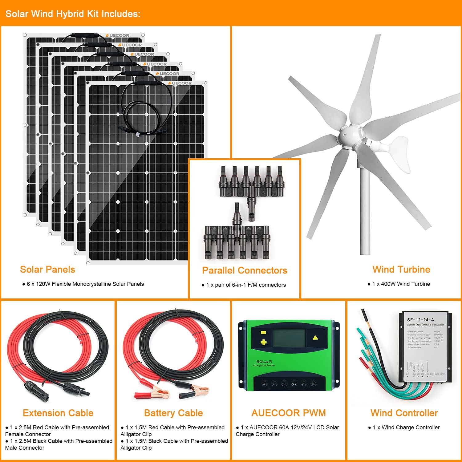 1120 Watts 12Volt Solar Wind Hybrid System Kit: 400W 6-Blade Wind Turbine Generator with Charge Controller,6pcs 120W Flexible Monocrystalline Solar Panel.for Home Boat RV Camping