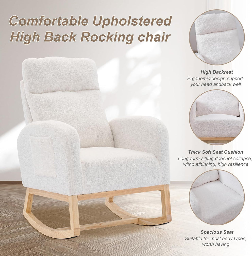 Nursery Rocking Chair with Solid Wood Legs, Glider Chair for Nursery with Side Pocket, Rocker Armchair for Living Room Bedroom (White, Teddy Fabric)