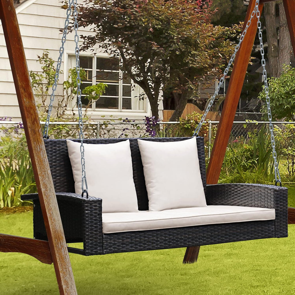RELAX4LIFE Porch Swing 2-Seat Patio Rattan, Wicker Porch Swings Outdoor W/Two 7.9 Ft Solid Steel Chain, Comfortable Back & Seat Cushions, for Front Porch, Garden, Backyard Patio Swing (Beige)