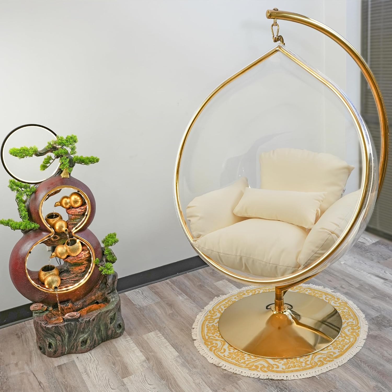 Hanging Chair - Transparent Acrylic Bubble, Waterdrop Shape, Indoor Swing Chair with Gold/Chrome Stand, Durable Fabric Cushion - Luxury Accent for Living Room, Bedroom (Gold/Ivory)