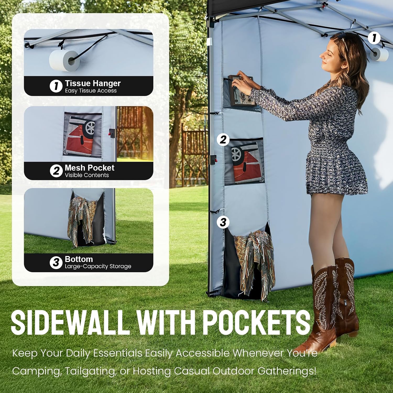 CROWN SHADES Canopy Tent, 10 x 10 Foot Portable Pop Up Outdoor Shelter with Pocket Sidewall, Push Center Lock, UV Protection, and Carry Bag, Black