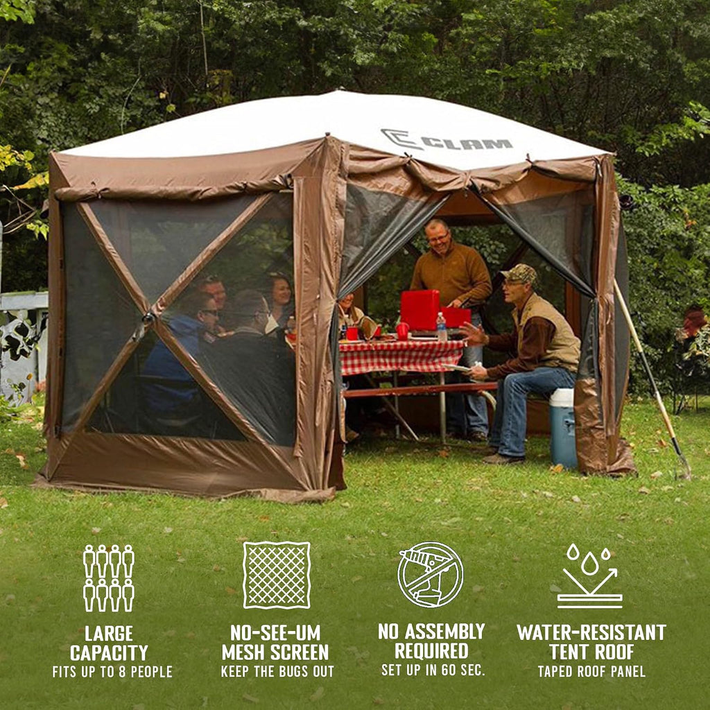 CLAM Quick Set Pavilion 12.5 x 12.5 Foot Portable Pop Up Outdoor Camping Gazebo Screen Tent Canopy Shelter and Carry Bag with Tarp Cover, Brown