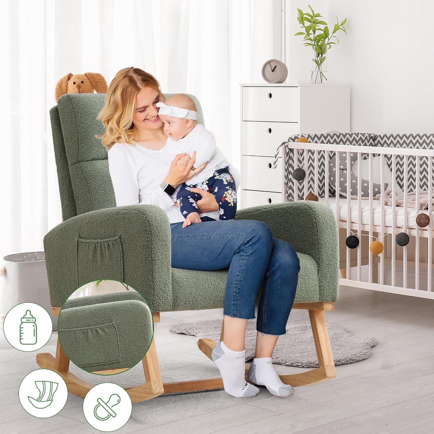 HCHAIRH Rocking Chair Nursery, Boucle Teddy Nursing Rocking Chairs, Upholstered Nursery Glider Rocker for Mom Nursery Morden Accent Rocking Chair with Side Pocket for Living Room,Bedroom, Green