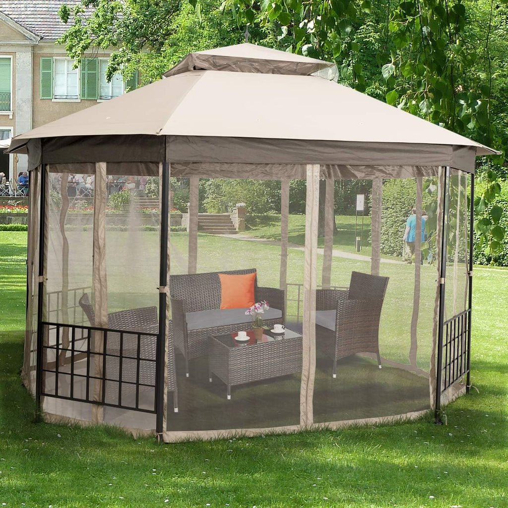 Tangkula 10 x 12 Ft Patio Gazebo, Heavy Duty Octagonal Canopy Gazebo w/Netting Sidewalls and Sturdy Steel Frame, Double Roof Vented Gazebo Canopy Shelter for Backyard Event Party BBQ (Beige)