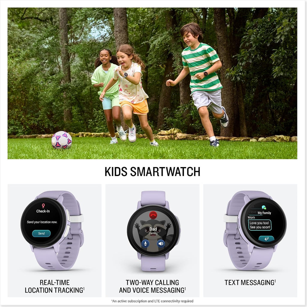 PlayBetter Garmin Bounce 2 (Light Purple) Kids GPS Smartwatch Gift Box Bundle - Calling, Messaging & Location Tracking Features HD Screen Protectors, Wall Adapter & Case