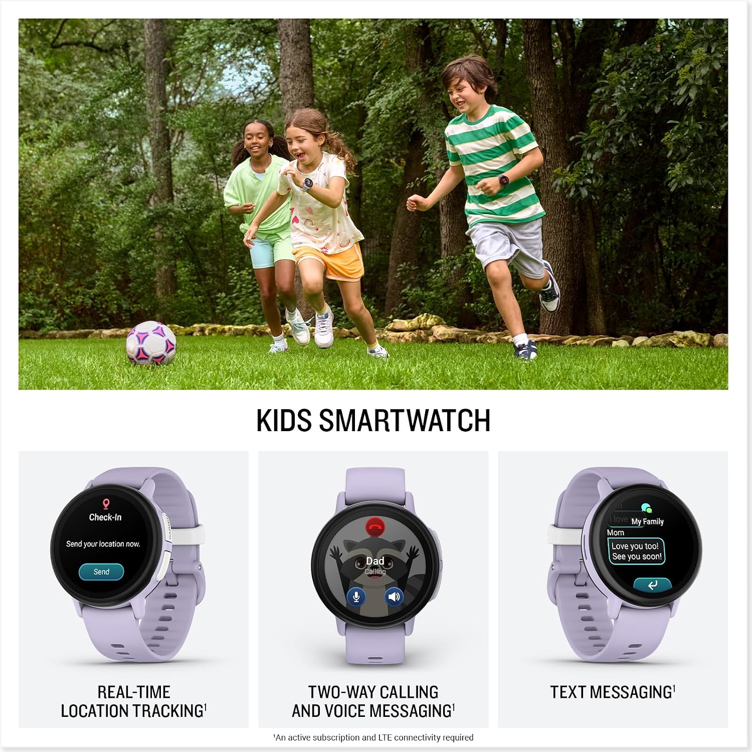 PlayBetter Garmin Bounce 2 (Light Purple) Kids GPS Smartwatch Gift Box Bundle - Calling, Messaging & Location Tracking Features HD Screen Protectors, Wall Adapter & Case