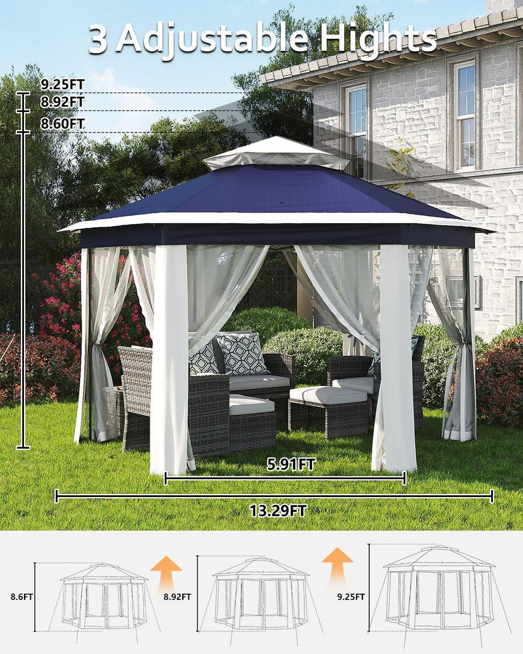 GarveeLife Pop Up Gazebo 13x13ft, Outside Canopy Tent with 6 Pcs Mosquito Netting, One Push Setup for Backyard Patio Garden Activities - Blue & Beige