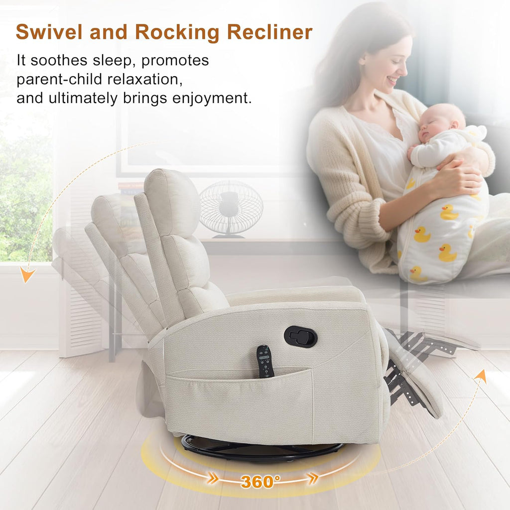 Manual Swivel Rocker Recliner Chair with Vibration Massage, Overstuffed Glider Chair with Lumbar Heat for Nursery, Living Room Reclining Sofa Chair, Chenille Fabric Beige