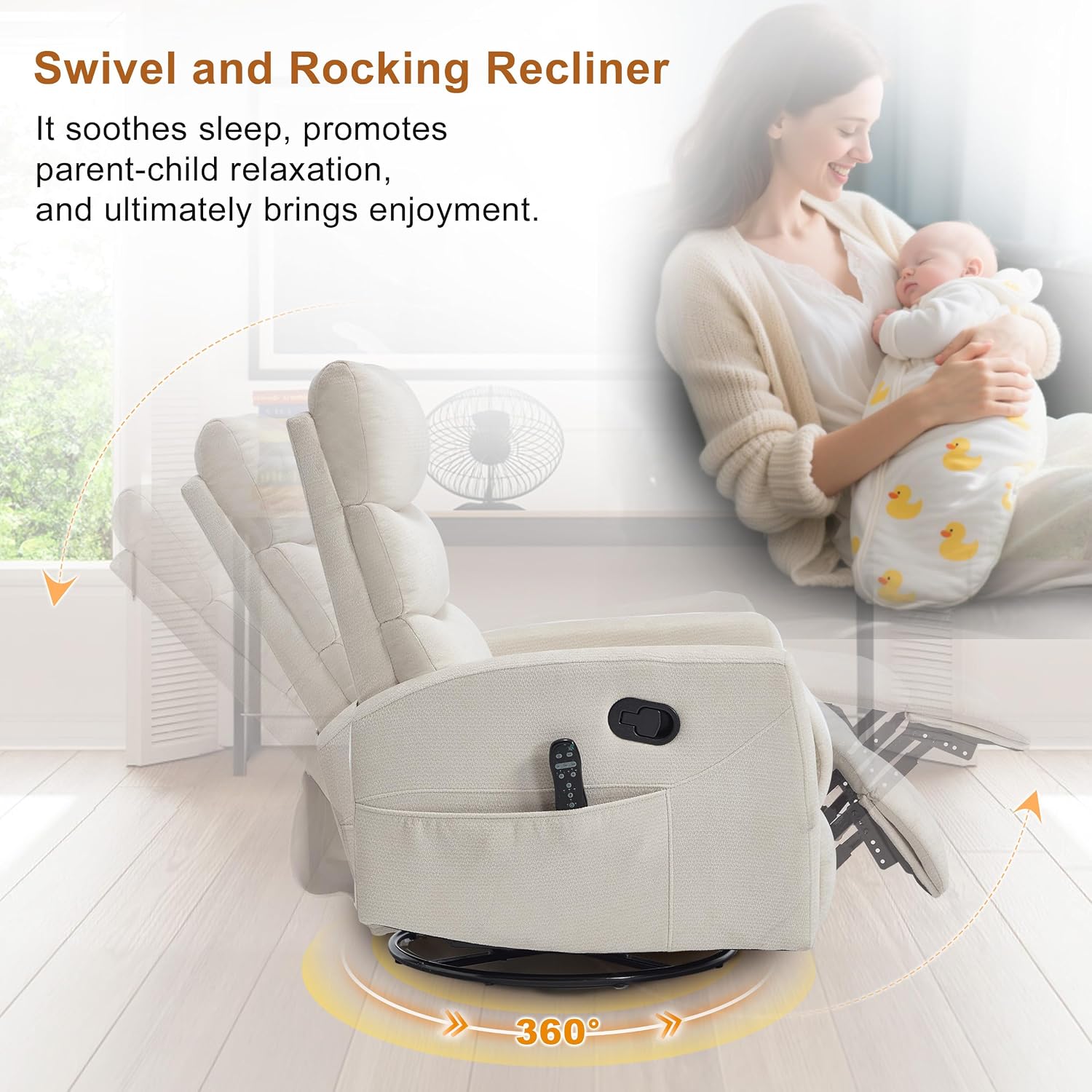 Manual Swivel Rocker Recliner Chair with Vibration Massage, Overstuffed Glider Chair with Lumbar Heat for Nursery, Living Room Reclining Sofa Chair, Chenille Fabric Beige