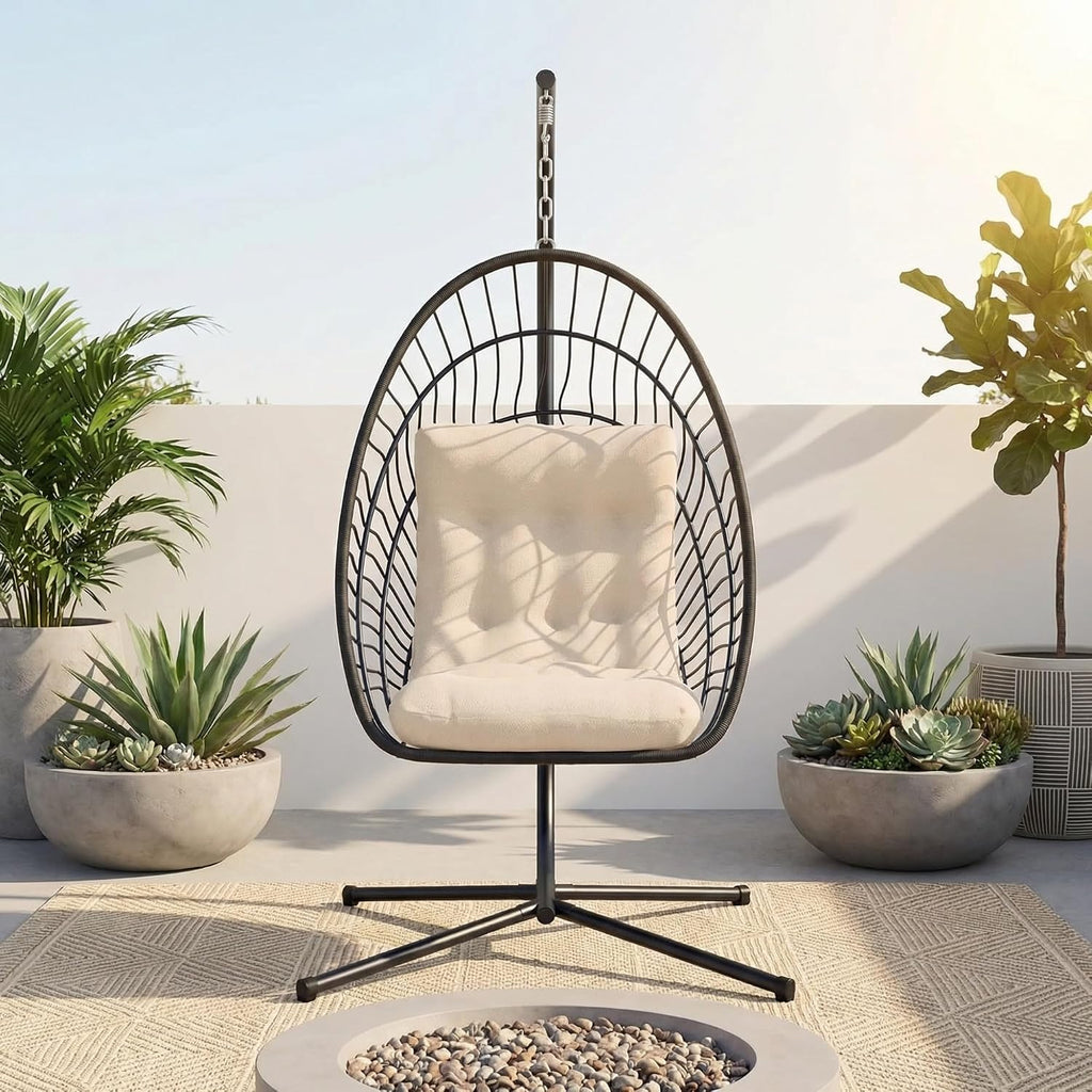 Kingdura Hanging Egg Chair with Stand Indoor Outdoor, Foldable Rattan Wicker Hammock Egg Swing Chair for Bedroom Porch Patio Garden, Thickened Cushion, 350LBS Capacity, Heavy Duty Frame
