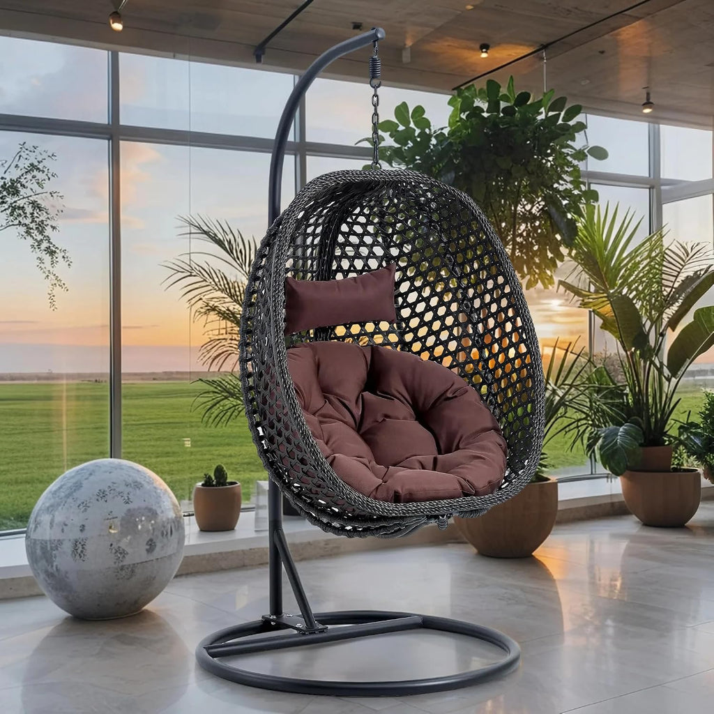 Egg Swing Chair Outdoor Indoor, Hanging Egg Chair with Stand, Black Wicker Swing Chair,UV Resistant Cushion 300 LBS Capacity for Porch,Patio,Garden, Bedroom, Balcony,Yard