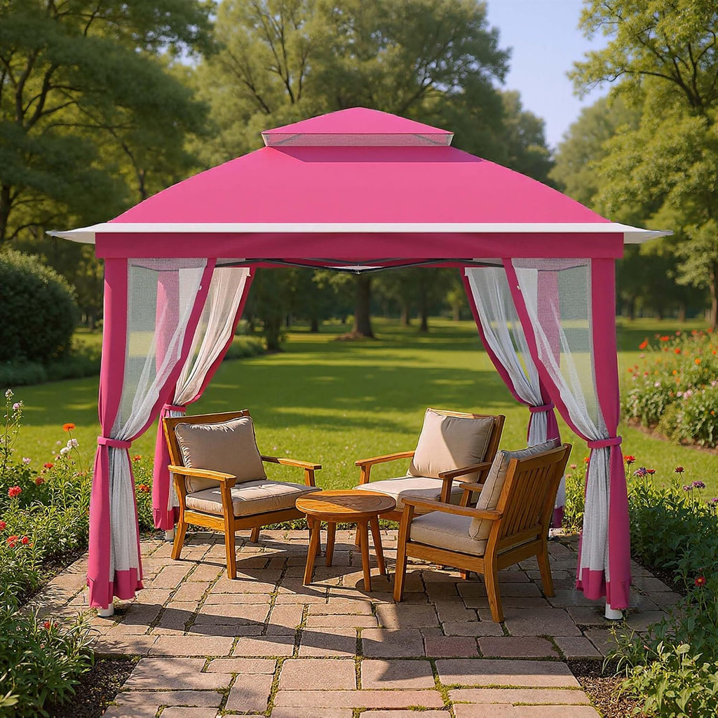 Pop Up Gazebo 11x11, Outdoor Instant Canopy Shelter Tent with Mosquito Netting Metal Frame Storage Bag for Patio Garden Backyard.(Pink)