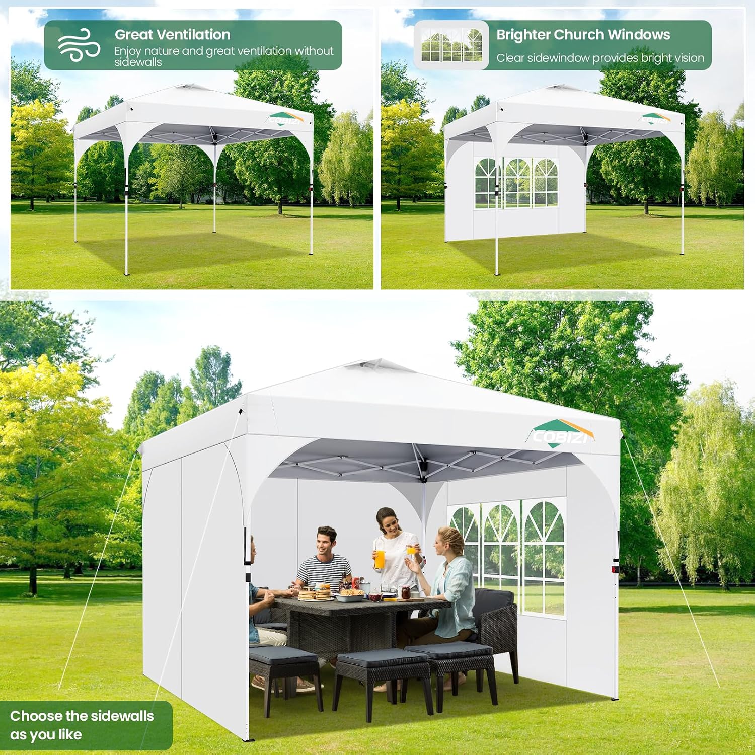 COBIZI 10x10 Pop Up Canopy with 3 Removable Sidewalls, Easy Pop Up Comercial Instant Canopy with One Push Center Lock, Waterproof Canopy with Sidewalls for Event, Rope & Stakes & Sandbags, White
