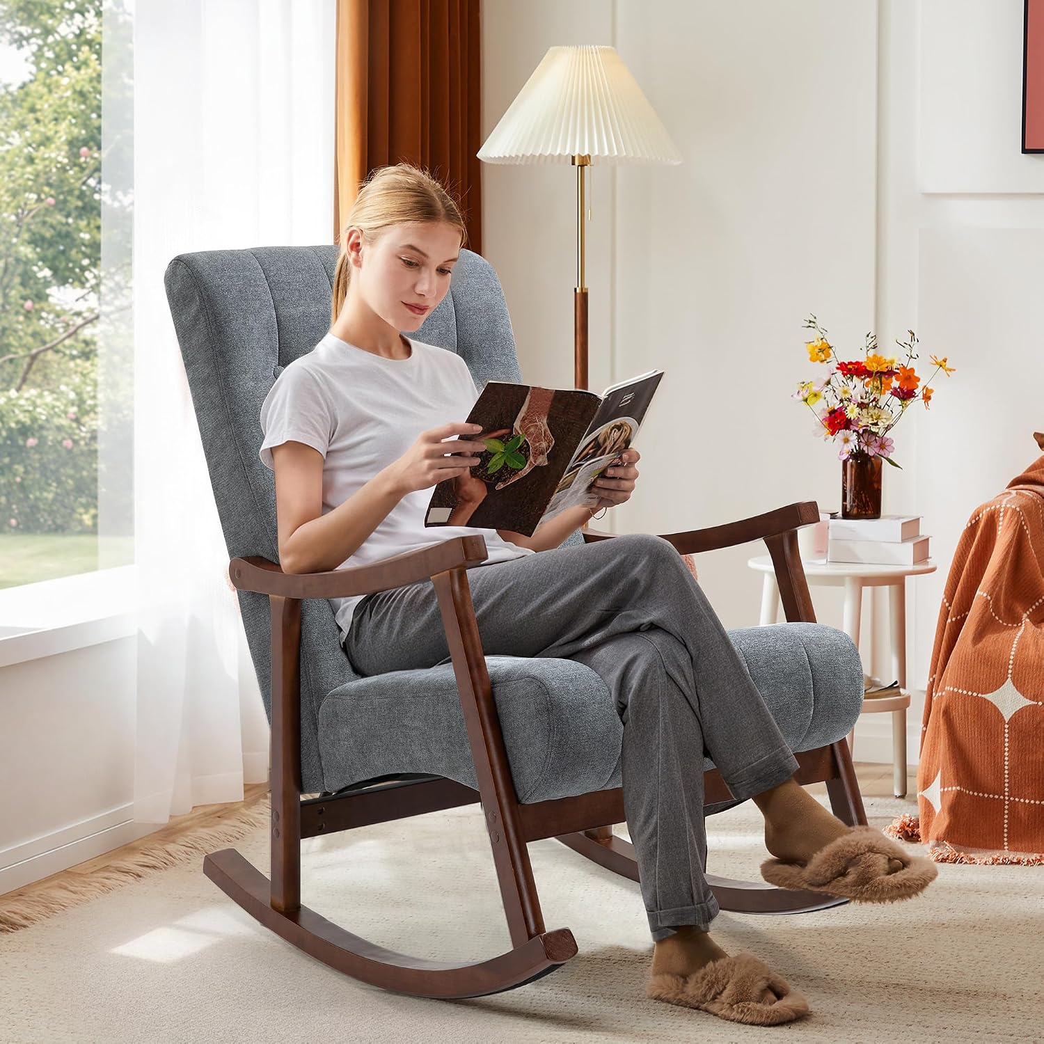 AVAWING Upholstered Rocking Chair with Fabric Padded Seat, Comfortable Rocker Solid Wood for Living Room, Modern High Back Armchair for Adult, Dark Grey