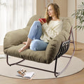 Outdoor Papasan Rocking Chair, Oversized Patio Rocking Chairs with Padded Cushion& Pillow-Comfortable Rocker Egg Chair for Front Porch, Garden, Patio, Backyard,1PC,Khaki