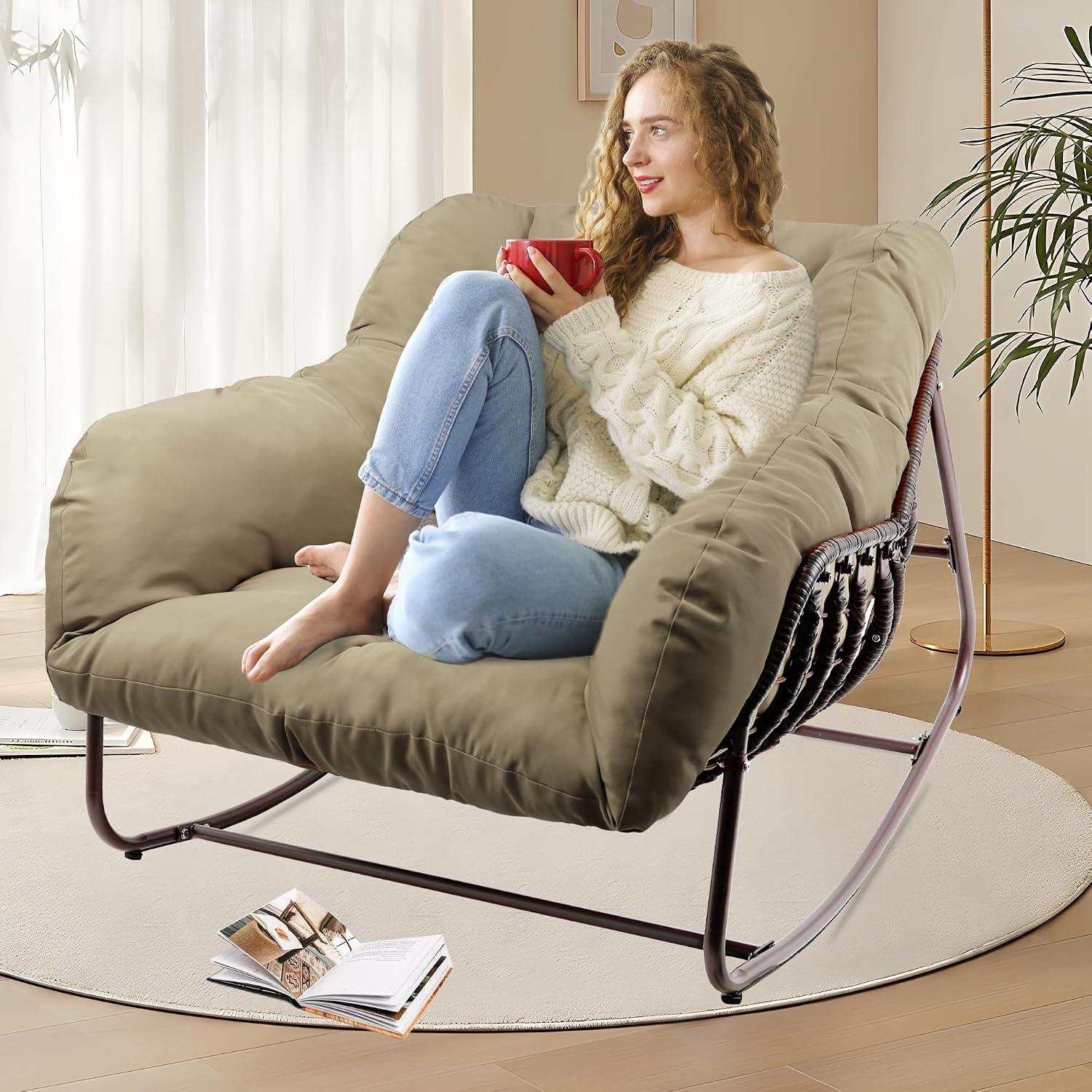 Outdoor Papasan Rocking Chair, Oversized Patio Rocking Chairs with Padded Cushion& Pillow-Comfortable Rocker Egg Chair for Front Porch, Garden, Patio, Backyard,1PC,Khaki