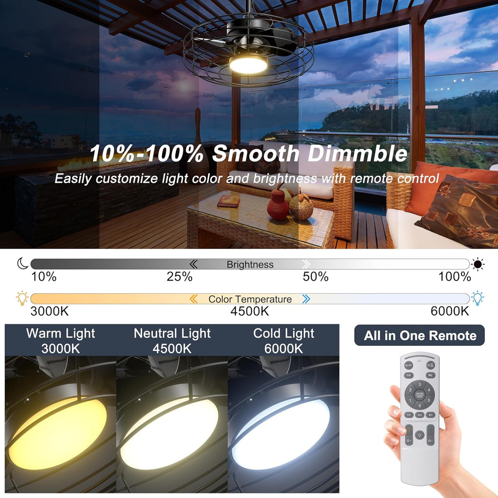 Coolbull 20 Inch Outdoor Ceiling Fans with Light, IP63 Waterproof Gazebo Fan with Hanging Hook, Plug in Caged Ceiling Fan, Remote&APP Control, 3 CCT, 6 Speeds for Patio, Pergola, Canopy, Black