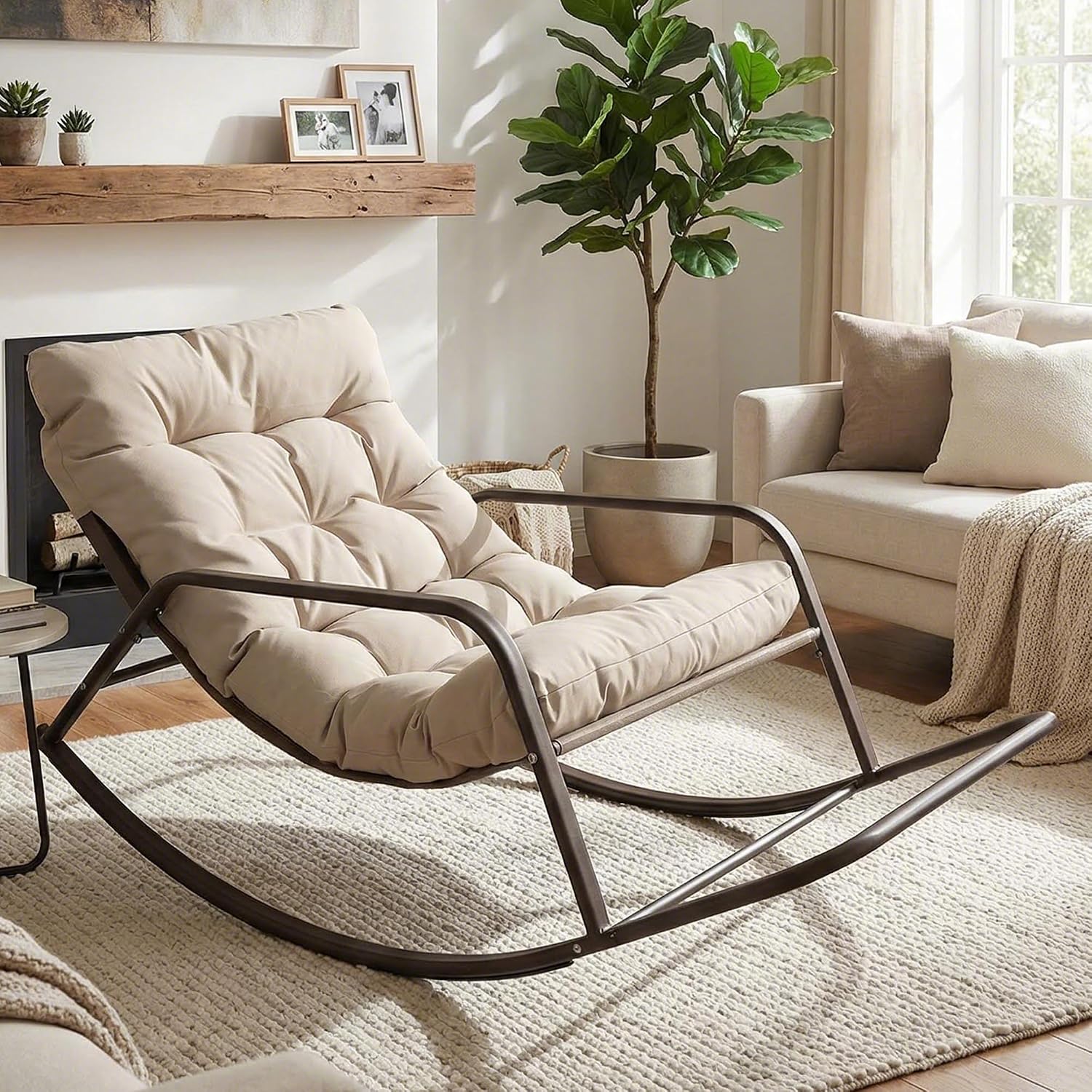 BULEXYARD Beige Oversized Indoor Outdoor Lounge Royal Rocking Chair with Armrest Footrest for Napping Relaxing, Heavy Duty Patio Reclining Papasan Rocker Chair with Padded Cushion for Porch, Sunroom