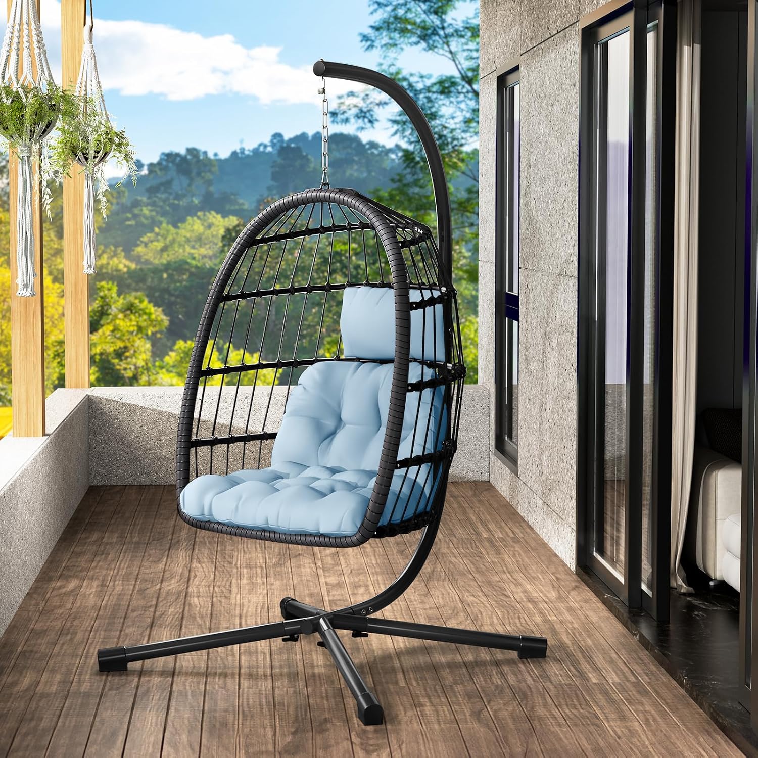 LEVELEVE Egg Chair with Stand,Patio Rattan Wicker Hanging Swing Egg Chair Hammock Chair for Bedroom Porch Garden,Thickened Aluminum Alloy Steel Frame and UV Resistant Cushion,350LBS Capacity