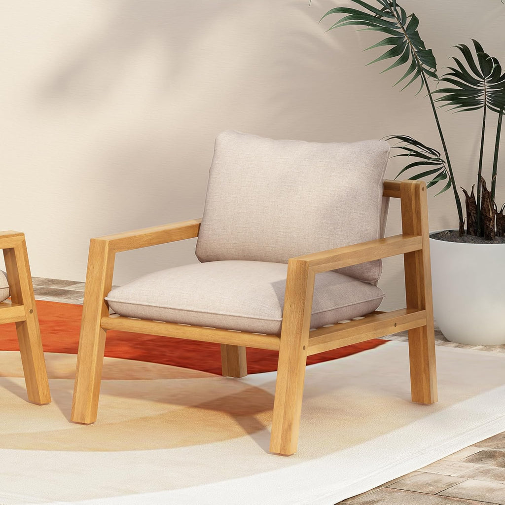 Outdoor Acacia Wood Armchair Patio Furniture Club Chair, Deep Seating with Soft Cushions for Porch, Garden, Backyard