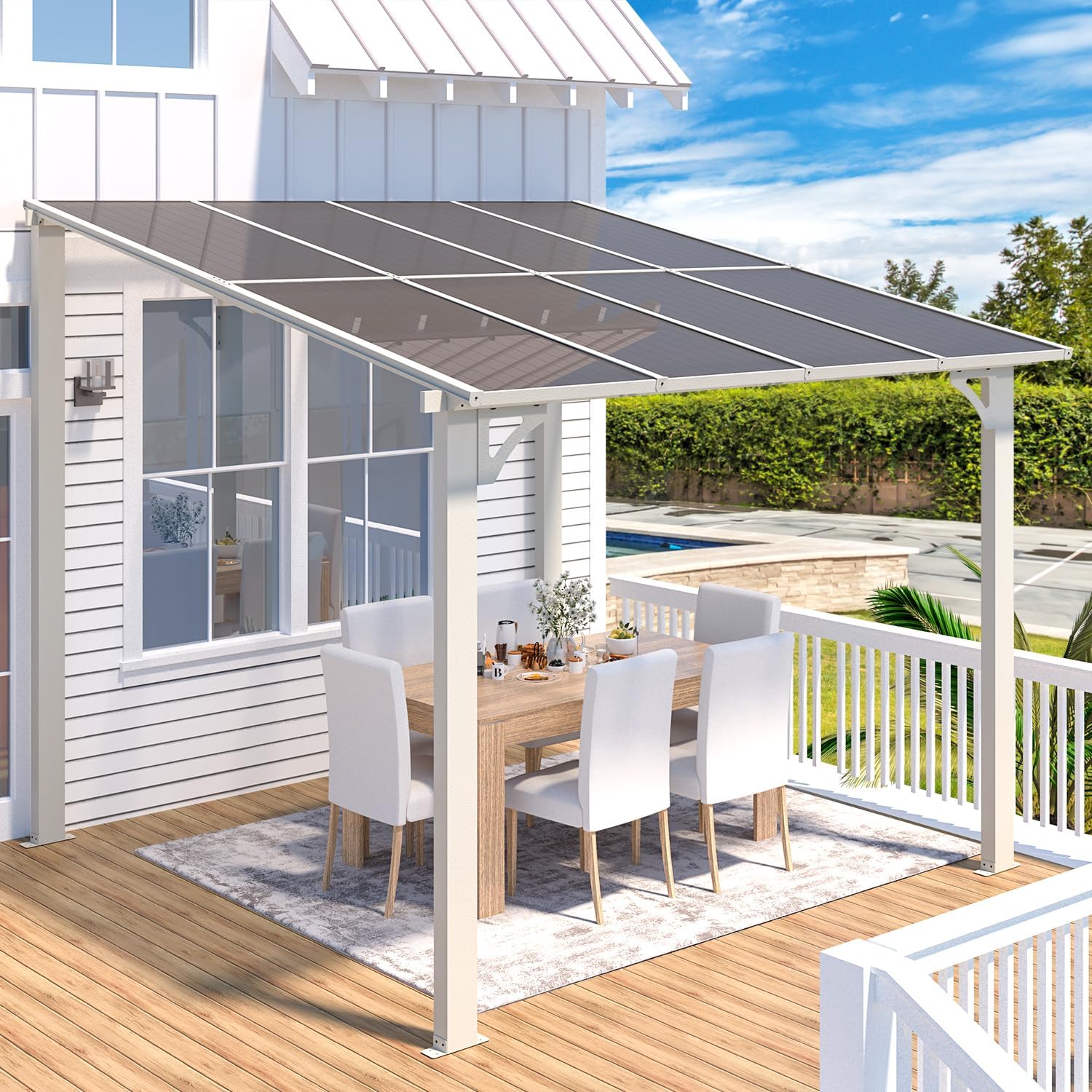 AECOJOY 8' x 8' White Gazebo Outdoor Pergola for Patio, Small Wall-Mounted Hard Top Lean to Metal Gazebo Shelter Pergolas and Gazebos Clearance with Patio Roof, Heavy Duty Awnings for Backyard