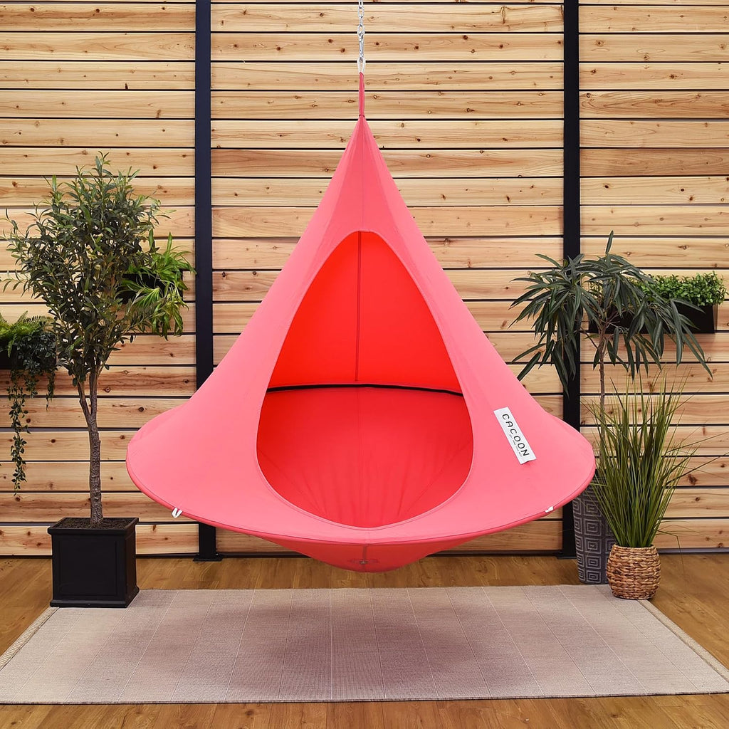 Single Cacoon Hanging Chair – Cozy Indoor/Outdoor Hammock with Polyester Canvas, 440 lb Capacity, Includes 18ft Rope & Carabiner (Coral Rose)